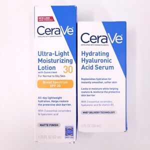 CeraVe Hydrating Hyaluronic Acid Serum 1 Oz Ultra-Light Moisturizing Lotion 1.75